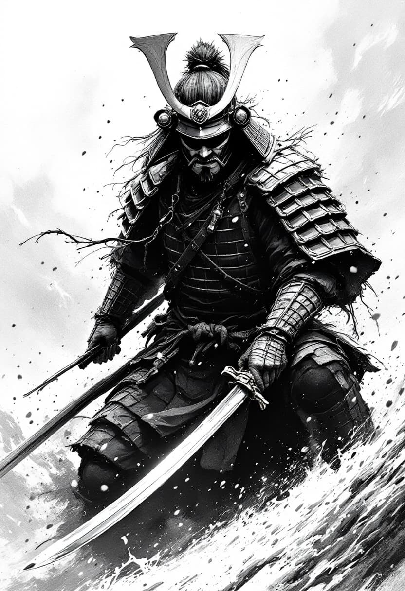 AI generated: black and white image of a samurai who is determined to follow his way no matter what 