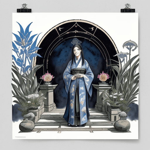 AI generated: Alexandra of the white lilies, sticker design::lost and found in an occult convention :: blue house,...