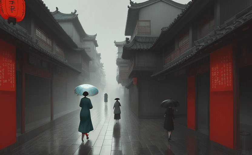 AI generated: Cai GuoRUN's illustration style, Qingming Street corner on a rainy day, A landscape that looks like ...