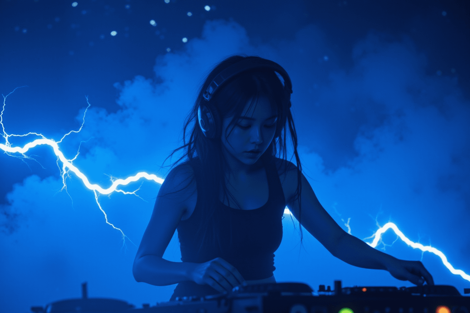 AI generated: A hyperrealistic, dynamic photograph of a female korean DJ with dreadlocks, intensely focused on mix...