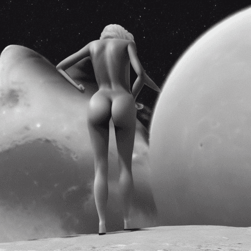 AI generated: space girl, rear view , beautiful ass , standing on a white moon-type surface, look far away
