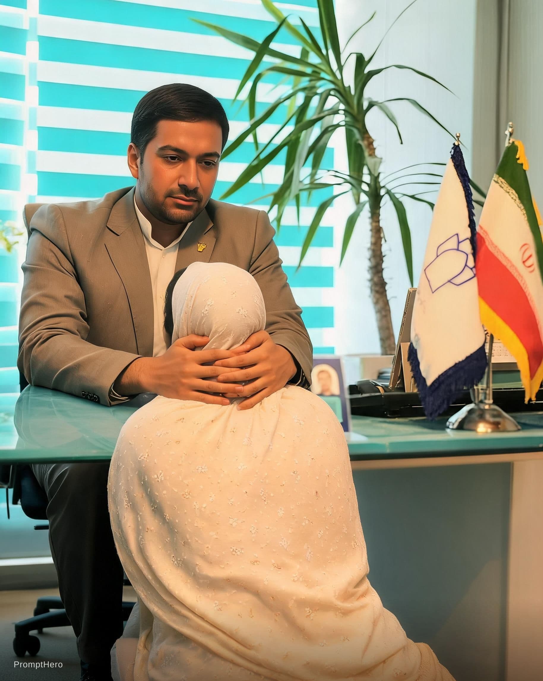 Hero prompt: خانم بشنید  رو پای  مرد  و مرد دست بندازد گردن او 