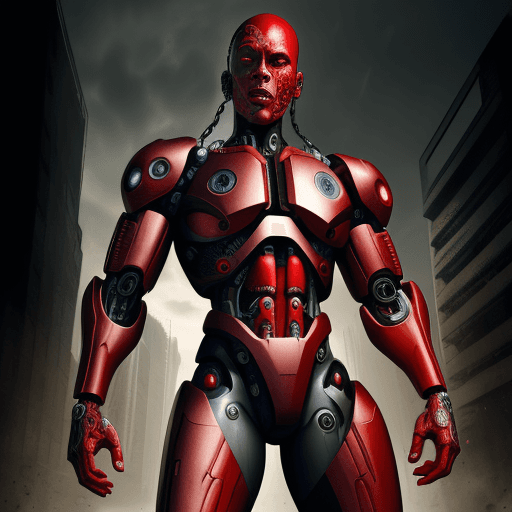 AI generated: cyborg, full attire, red, horror cyborg

