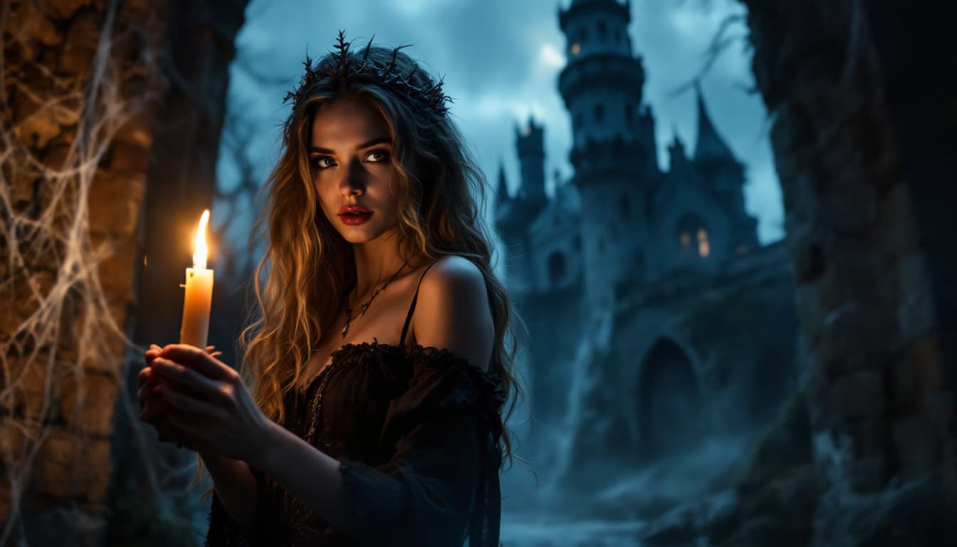 AI generated: beautiful girl in a scary dark castle, with a candle in her hands, a lot of cobwebs