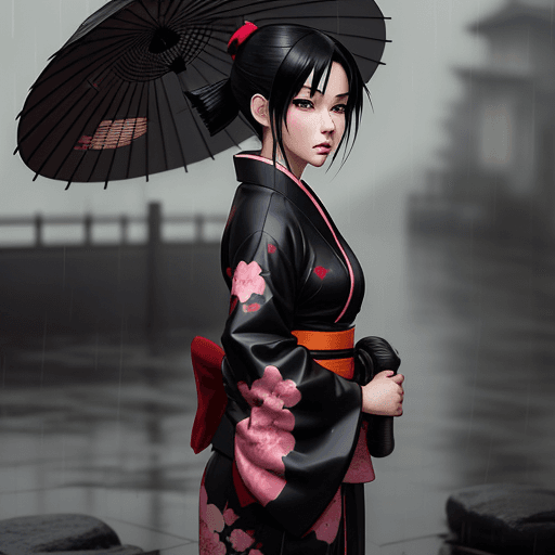 AI generated: Anime girl-kunoichi in a kimono with black hair, standing in the rain in the style of guweiz