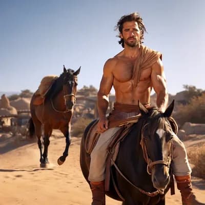 AI generated video: A man on a horse rides towards the camera, behind him another horse follows, wind blows his hair