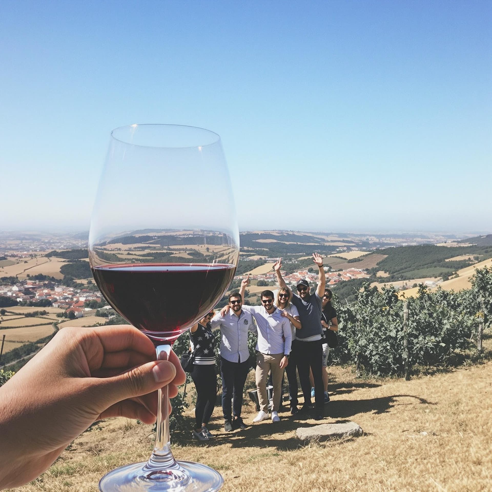 AI generated: wine tasting in portugal, team building, happy group, startup retreat