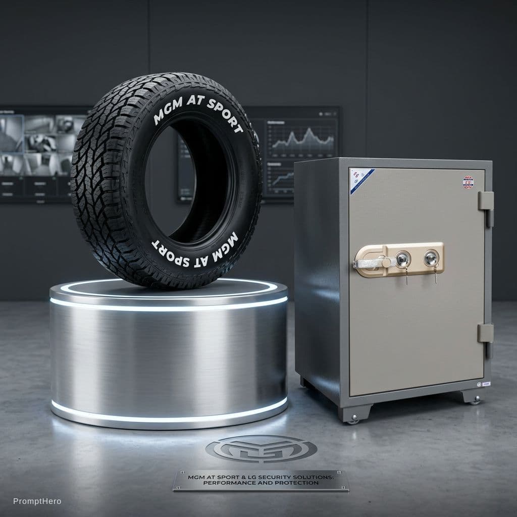 AI generated: photography, productive view, cylindrical podium with MGM AT SPORT tire