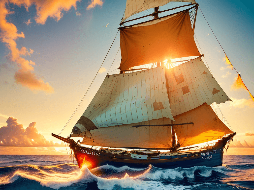 AI generated: /imagine prompt: color photo of a junk rigged twin masted sailboat in the Pacific, weathered and ful...