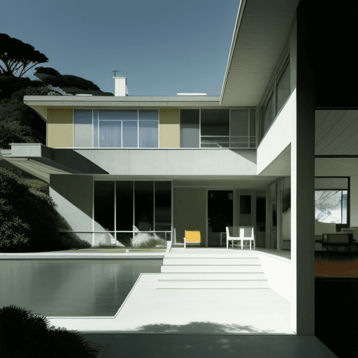 AI generated: Hyper realistic eye level exterior photo of a mid century modern style house overlooking the ocean, ...