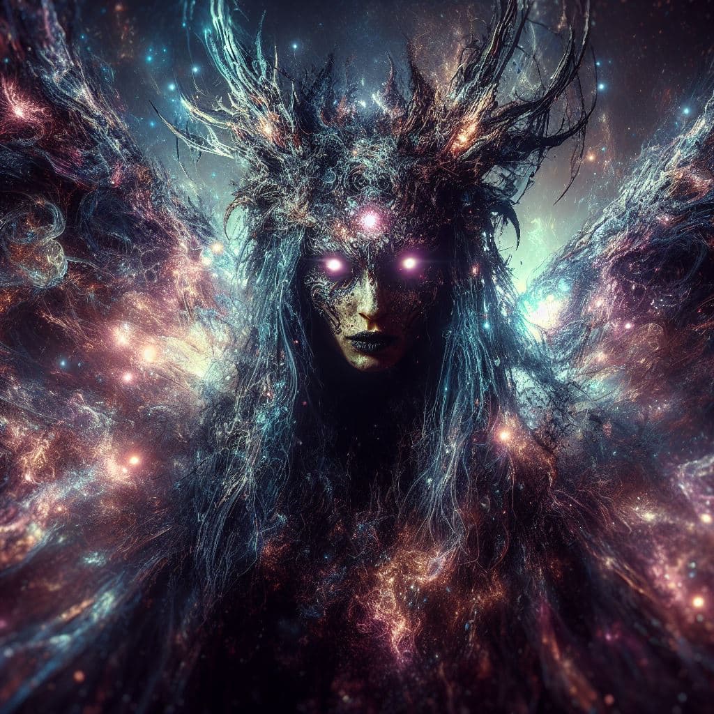 AI generated: Epic image, Ultra clear image quality，Cosmic fallen angel, Shining bright eyes, wild，dark，female dem...