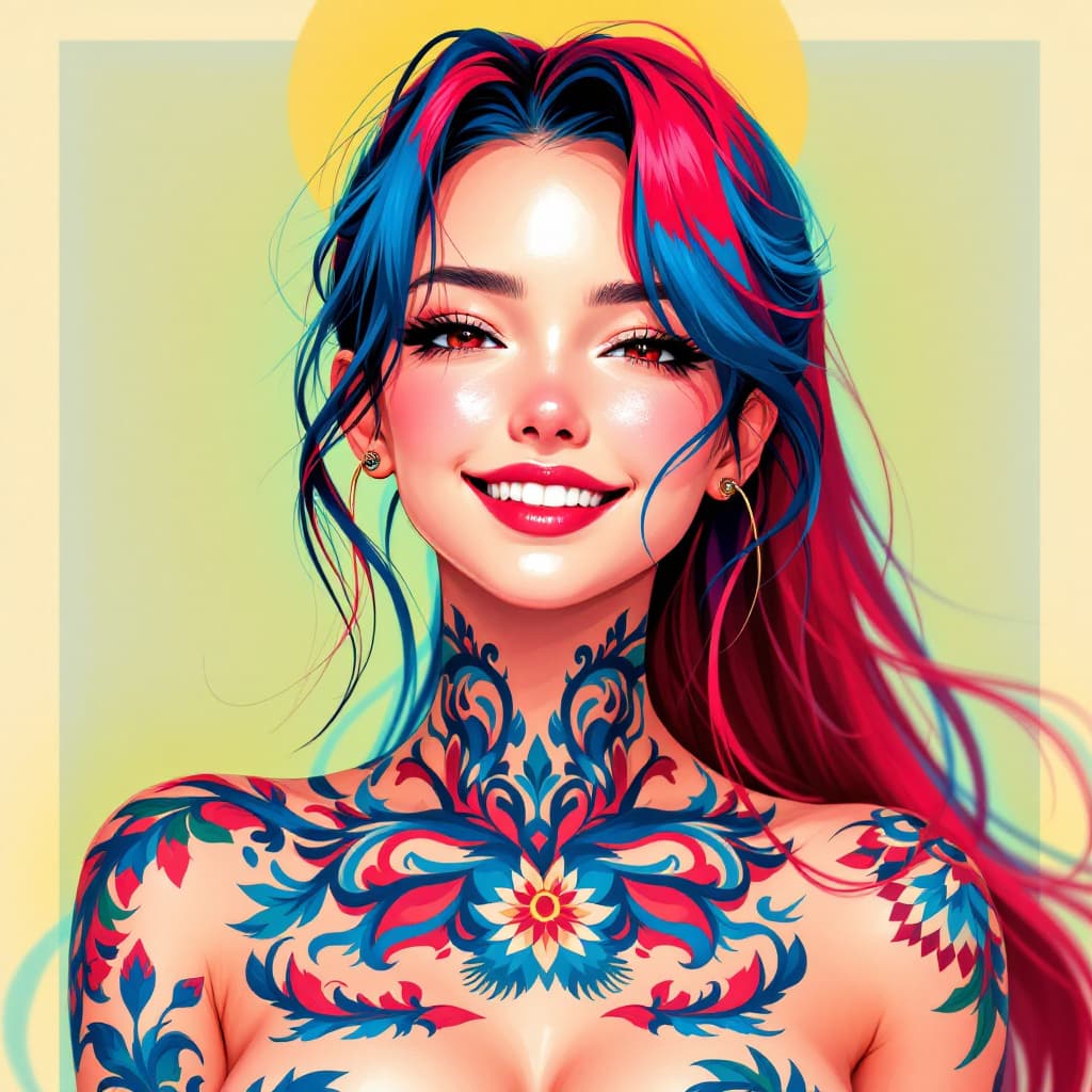 AI generated: "An anime-style illustration of a female character with vibrant red and blue hair, adorned with colo...