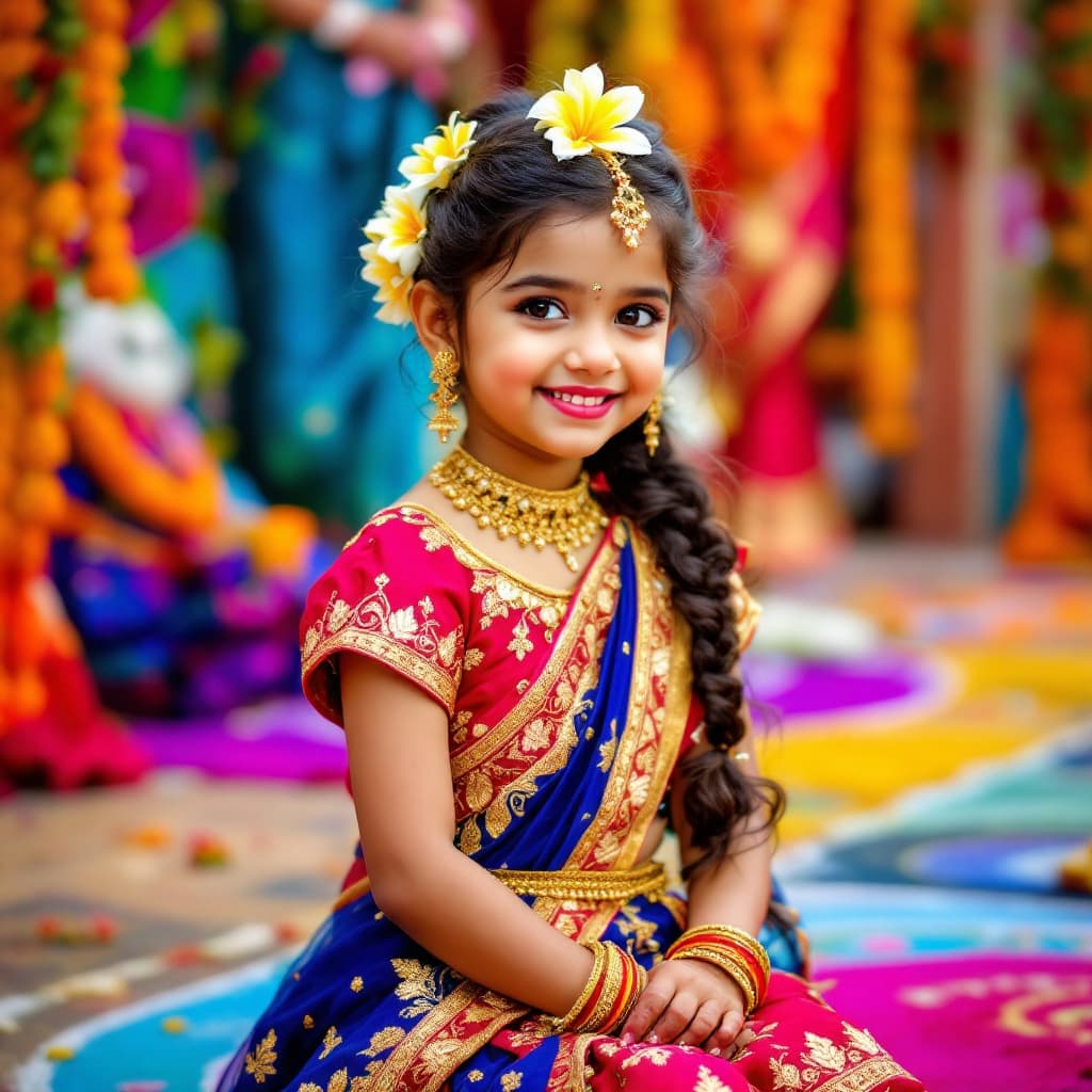 AI generated: Create a vibrant and detailed image of a young girl wearing a traditional Indian dress. She should b...