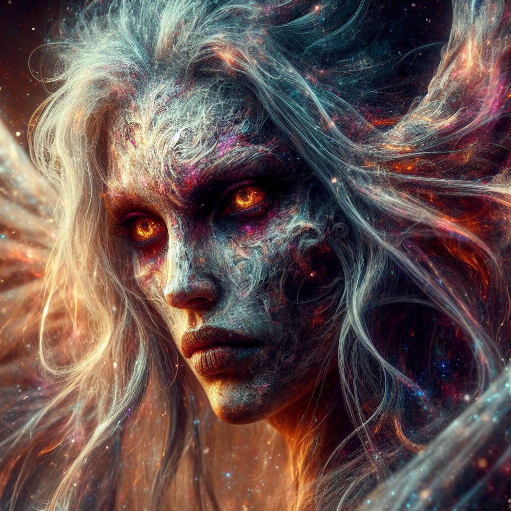 AI generated: Epic image,Ultra clear image quality，Cosmic fallen angel, Shining bright eyes, wild，dark，female demo...