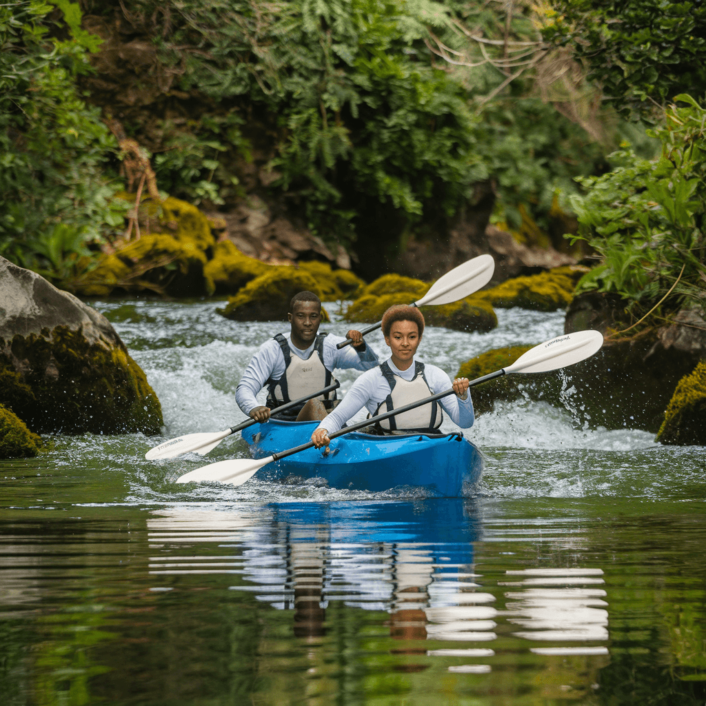 AI generated: One pretty African  female, and a handsome African Male in the same Kayak ,Kayaking - Paddle through...
