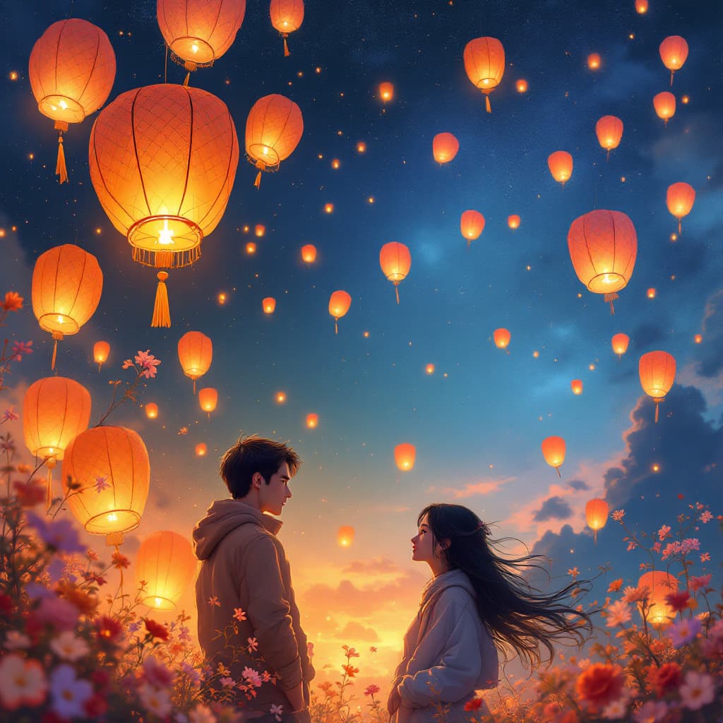 AI generated: Deep blue sky, orange, Kongming lanterns flying in the sky, late at night girl and boy in love , flo...