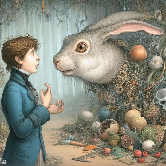 AI generated: Illustration, Whimsical and fantastical depiction of Jules conversing with a rabbit’s head in a surr...