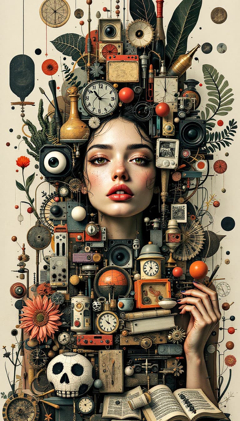 AI generated: A Dadaist-style digital illustration of an original, full-body female surrealist poet, with esthetic...