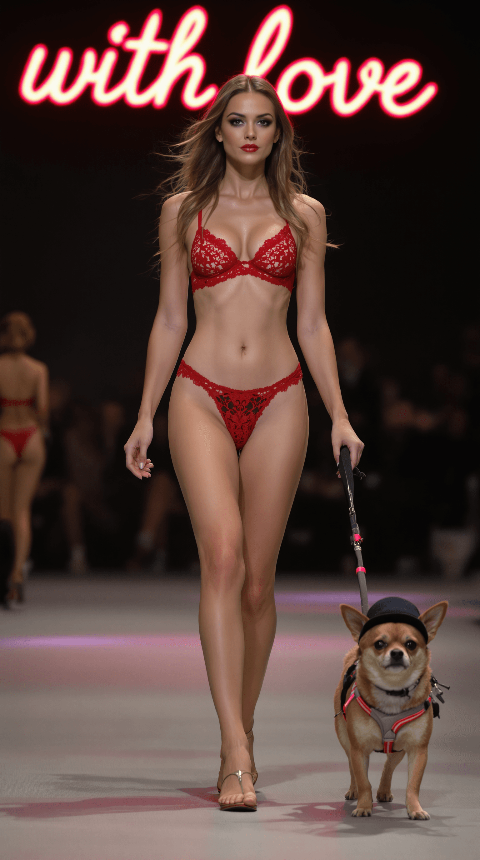 AI generated: A highly attractive Swedish super model leads a pet chihuahua on a leash while walking at a fashion ...