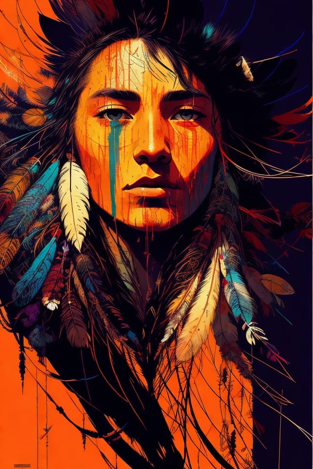 AI generated: poster of native shaman | feathers | Meta Quest Pro | right profile | centered | key visual | intric...