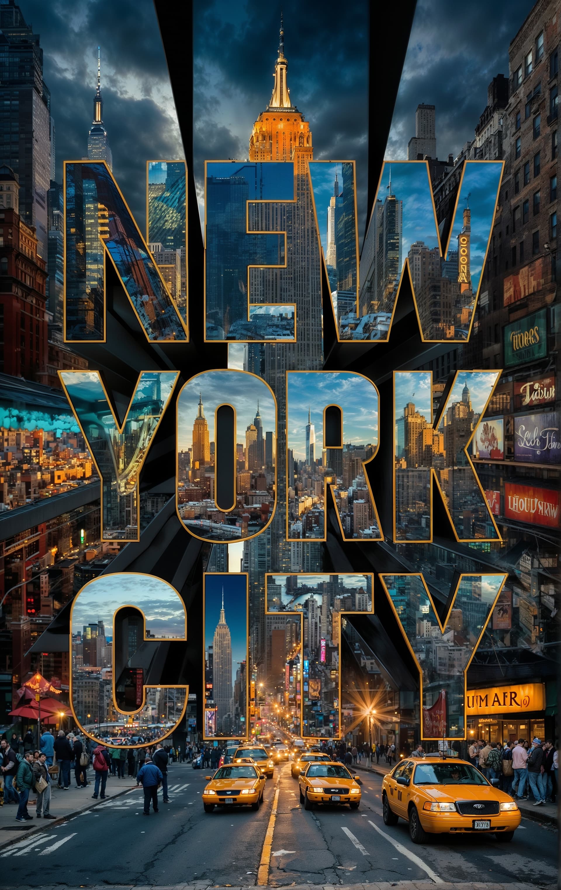 AI generated: A striking, high-contrast cinematic photo-style vertical collage that captures the essence of New Yo...