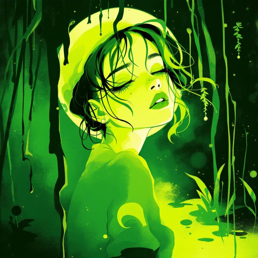 AI generated: a green girl, in the style of neon realism, darkly romantic illustrations, dark white and yellow, so...