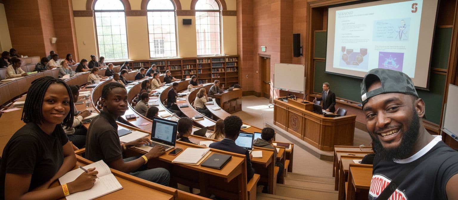 AI generated: make them all appear in stanford and taking lecture
