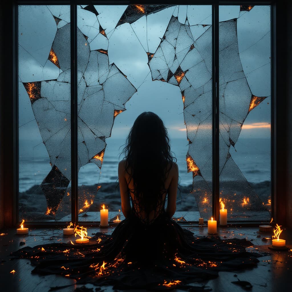 AI generated: Hyper realistic eye level exterior photo of a mA solitary female Pyrokinesis exhibitionist goth fema...