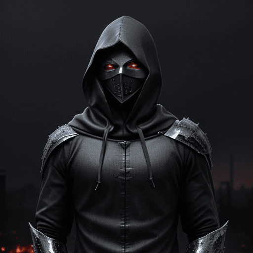 AI generated: masked man, dark torn hood, dark rainy foggy night, intricate dark and chrome damaged armor, smoke a...