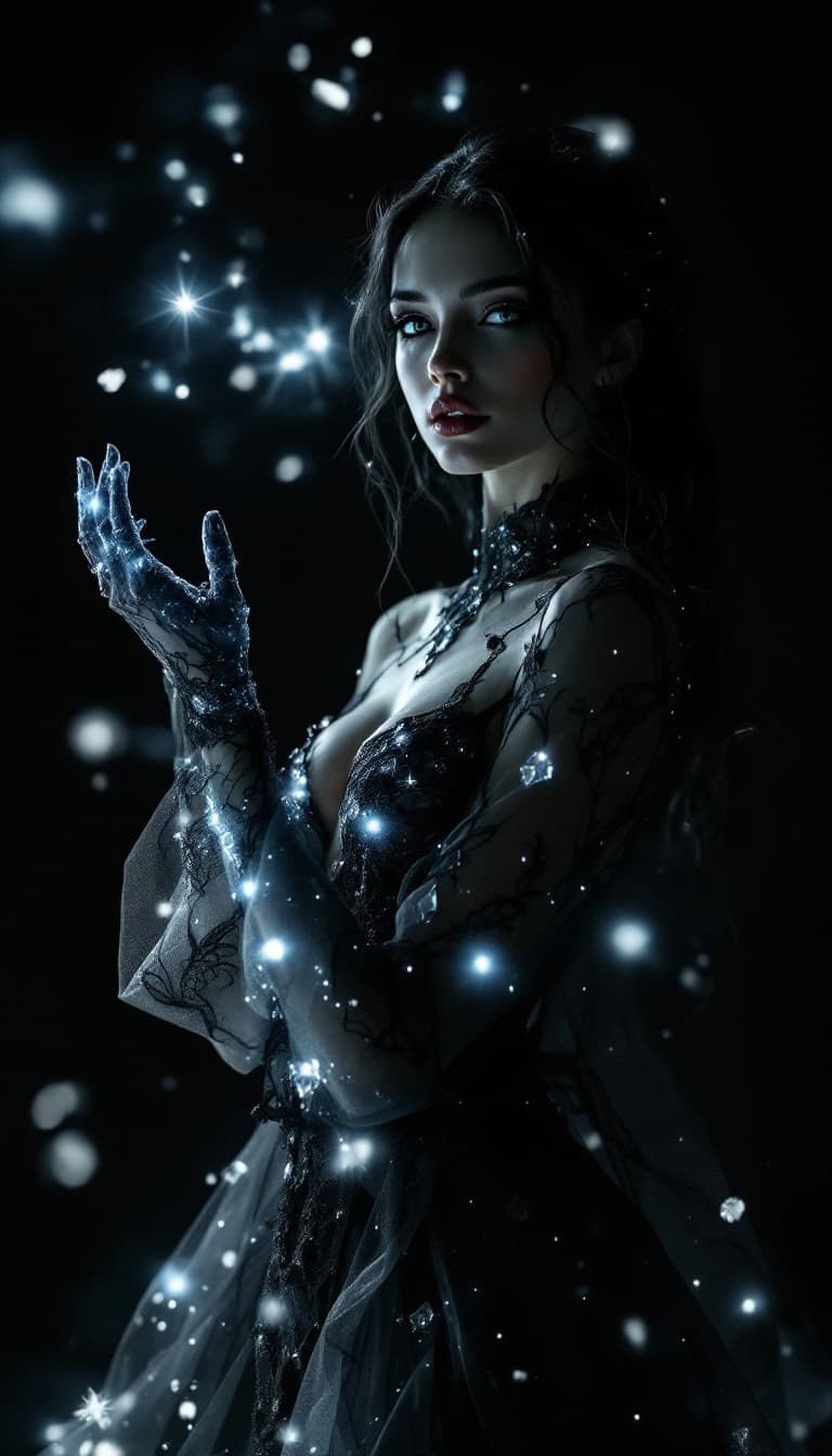 AI generated: An ultra-realistic, full-body portrait of a captivating shadow puppeteer woman, radiating ethereal g...