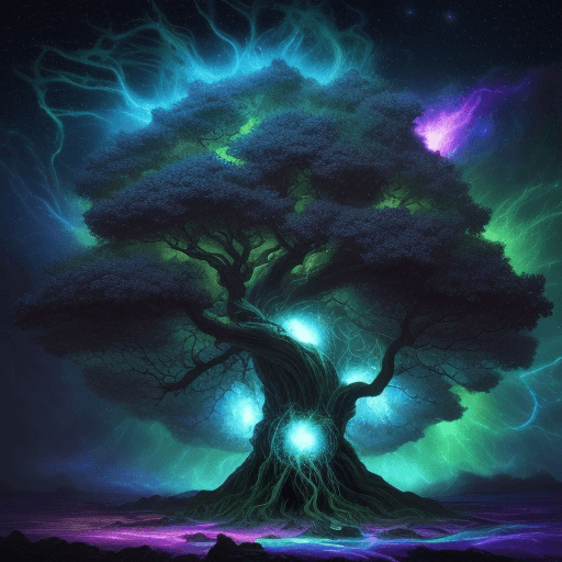 AI generated: bright painting of a tree with stars in the sky, in the style of dreamlike fantasy creatures, multil...