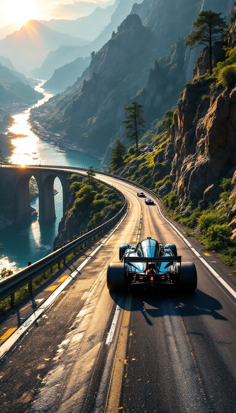 AI generated: Summer.  The front race car races along the race track and begins to climb onto a bridge over a rive...