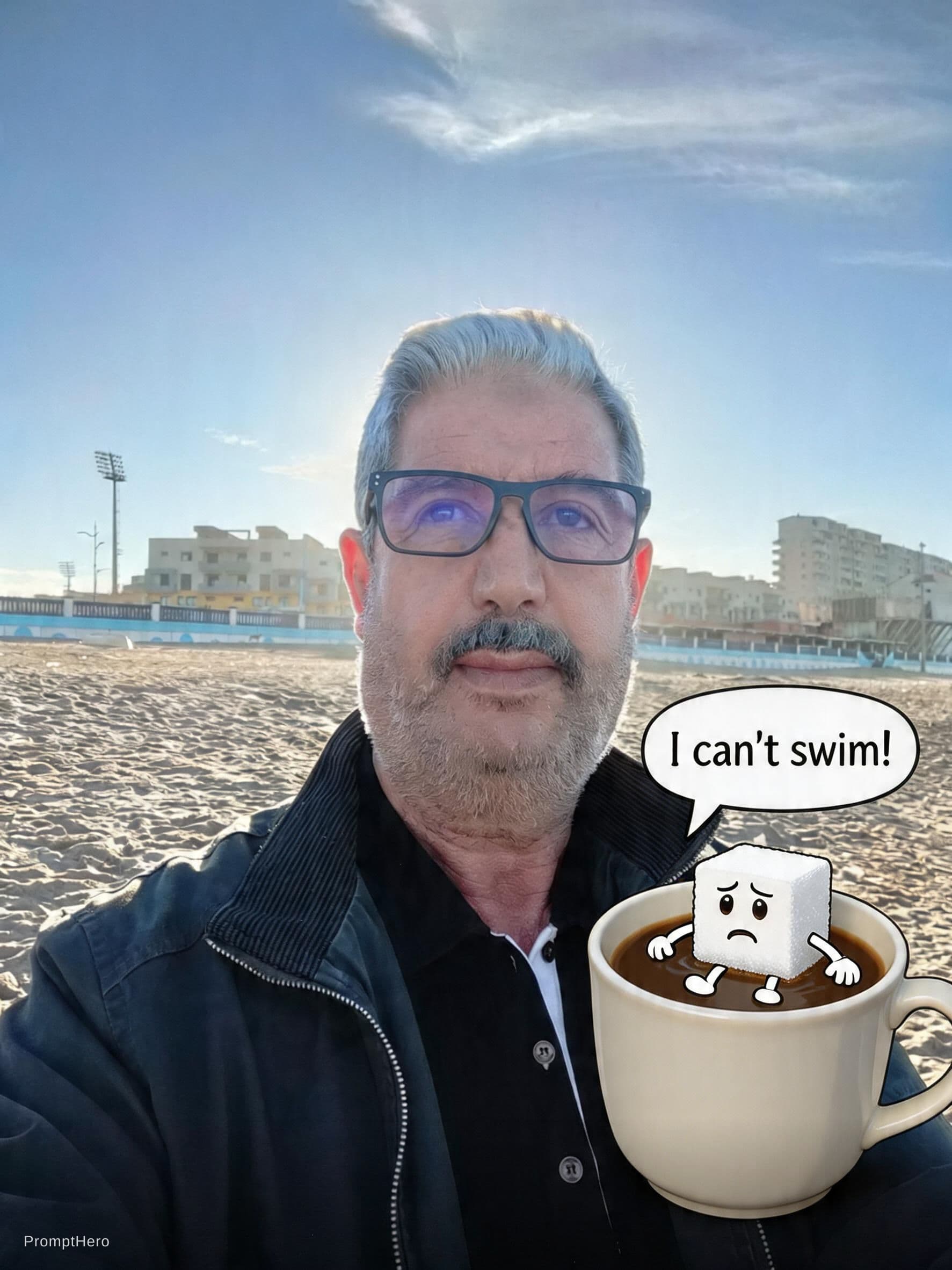 AI generated: Coffee in a mug, devouring a tiny whimsical sugarcube with legs, arms, and a worried expression.  Ve...