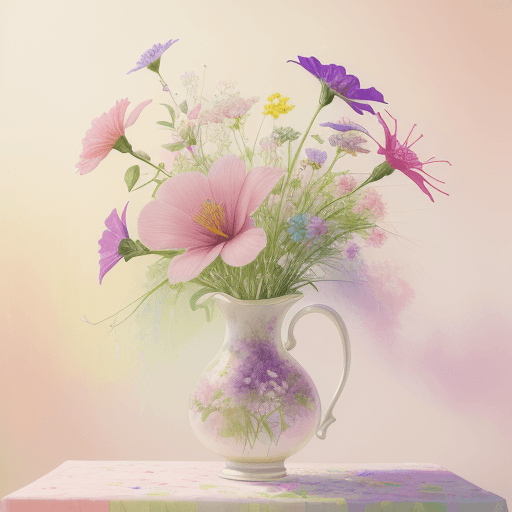 AI generated: Abstract painting of vibrant flowers with pink and purple petals and green stems around each delicat...