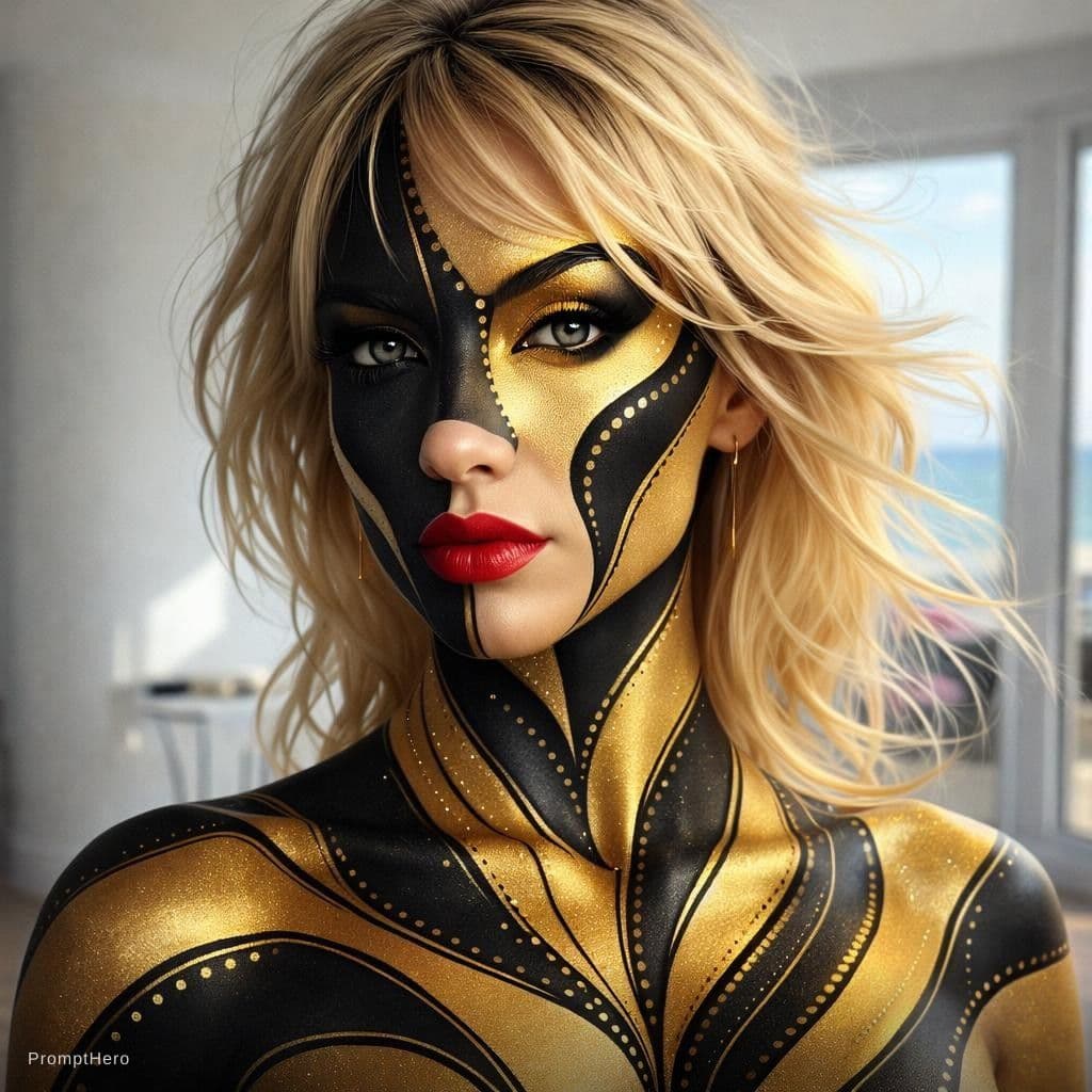 AI generated: An image of a woman with a hyperrealistic style, showcasing an elaborate body paint design. The skin...