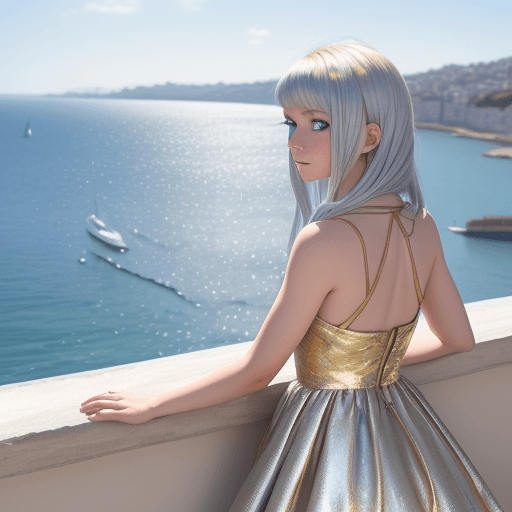 AI generated: A red hair girl with blue eyes wearing a silver dress and watching the sea from a bay in a sunshine ...