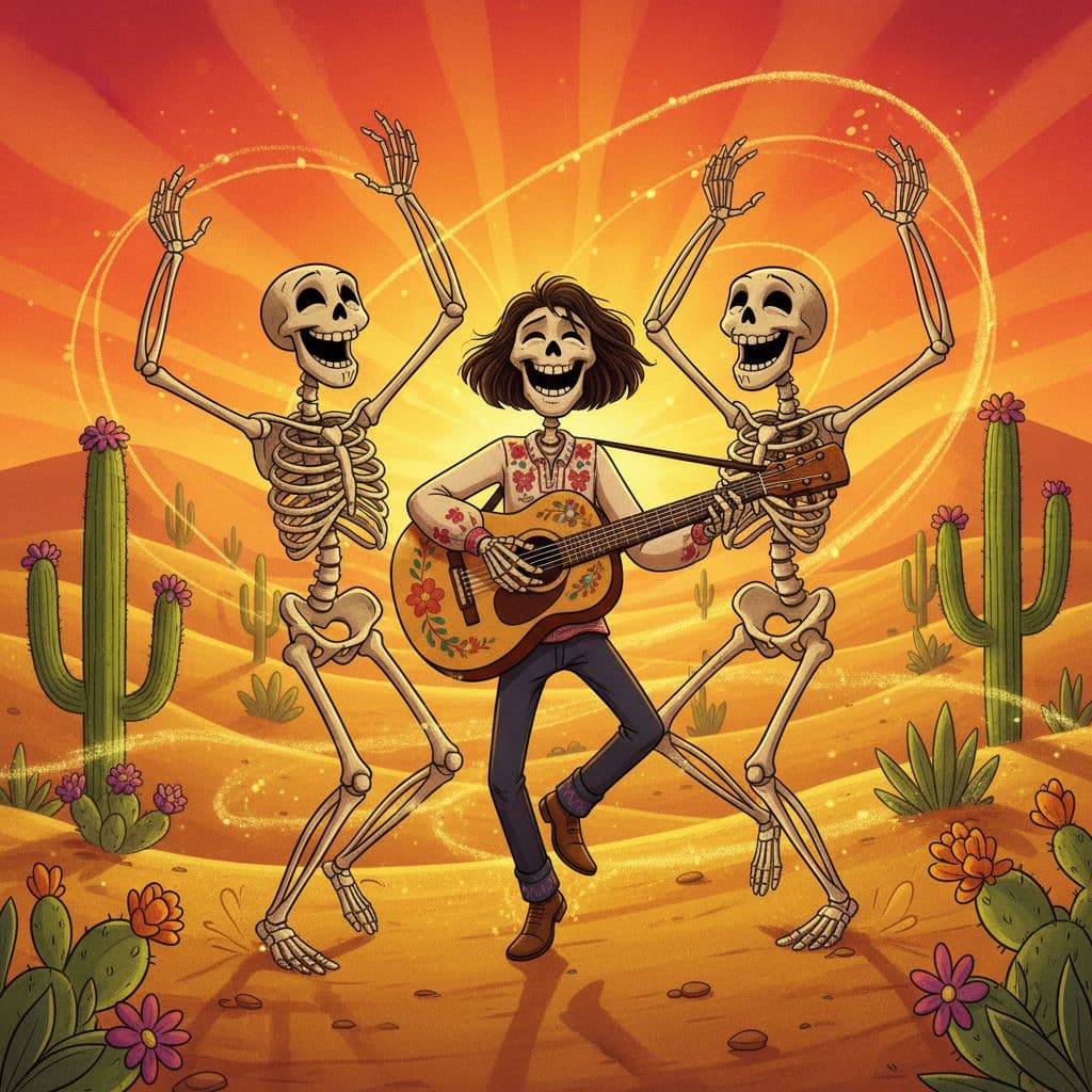 AI generated: Tres figuras en un desierto amplio con cactus: dos figuras con cuerpos de calavera, y una tercera fi...