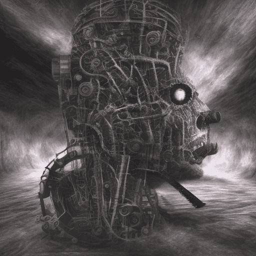 AI generated: Ultra high resolution photography of the Nightmare Machine, must include a human being absorbed into...