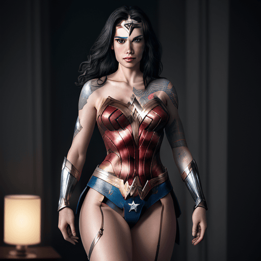 AI generated: Wonder Woman, happy, tattoo, metal lingerie, (tattoos) , (full body visible) , looking at viewer, po...