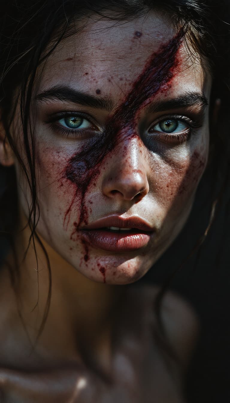 AI generated: high-resolution photograph, woman, ugly scar in the face, exposed body,  stunning use of shadows, in...