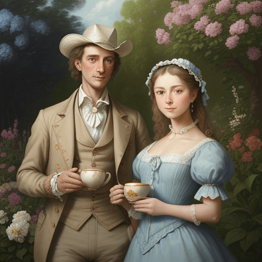 AI generated: a painting shows a man and lady in a garden, man holds a cup of tea in his hand, woman holds a flowe...