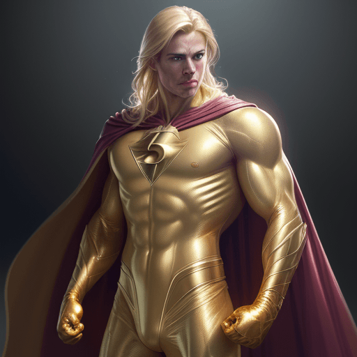AI generated: male super hero named champion blond hair, no symbol, skin tight gold suit, golden cape, gold gloves...