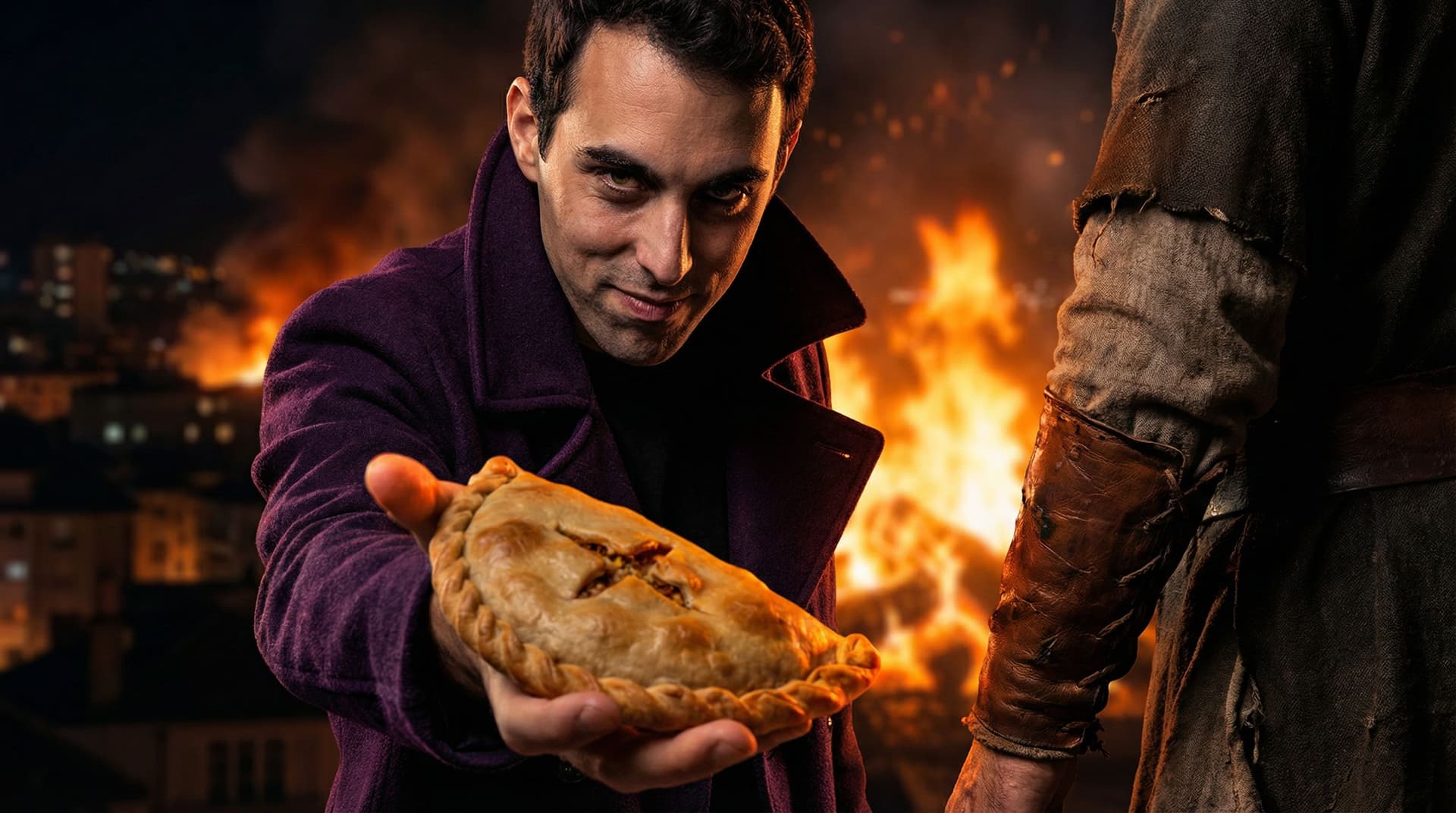 AI generated: He is wearing a dark purple coat, and his face sinister expression. his hand is holding and showing ...