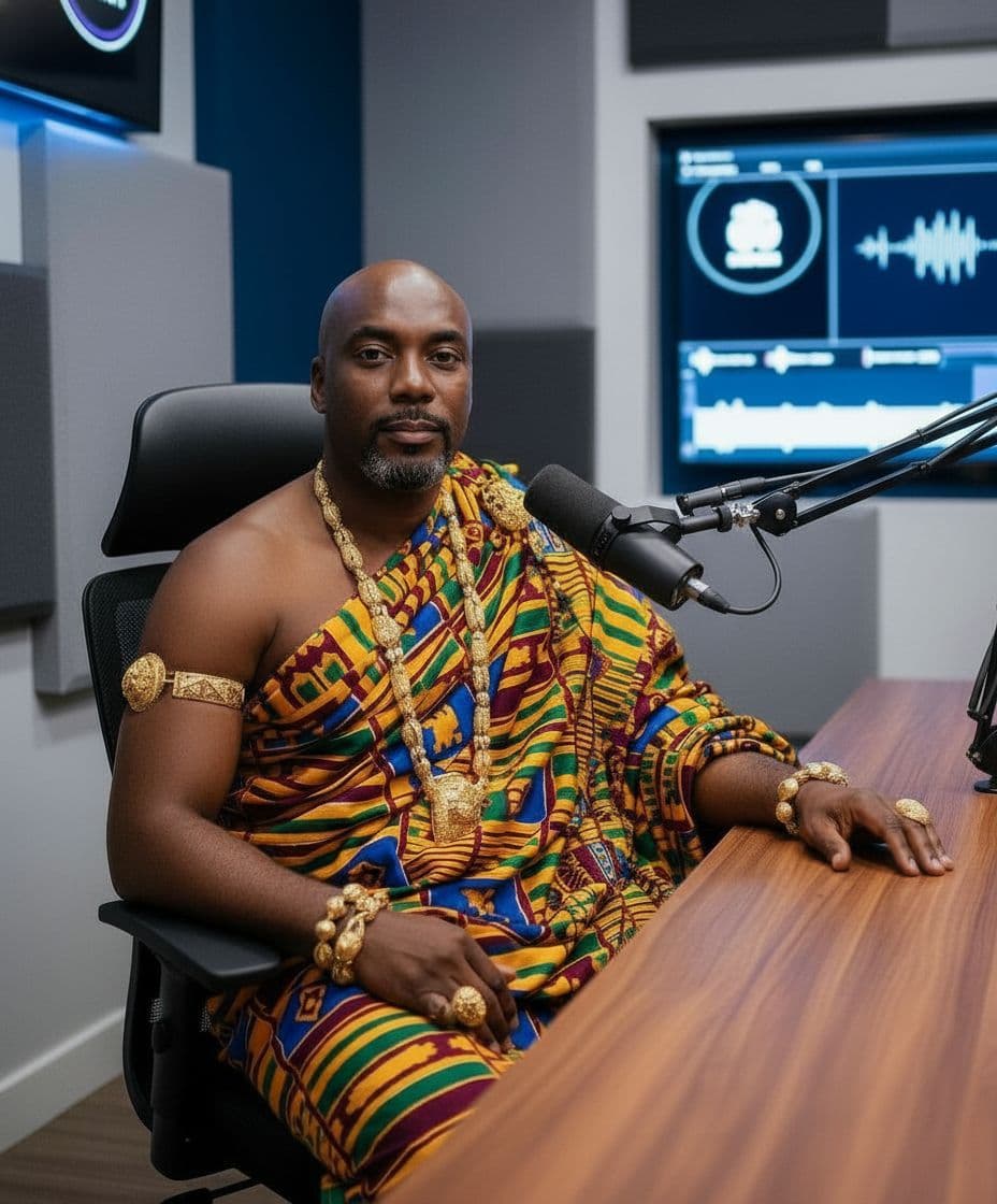 AI generated: Create a hyper-realistic cinematic image of an African male podcast host dressed in regal kente clot...