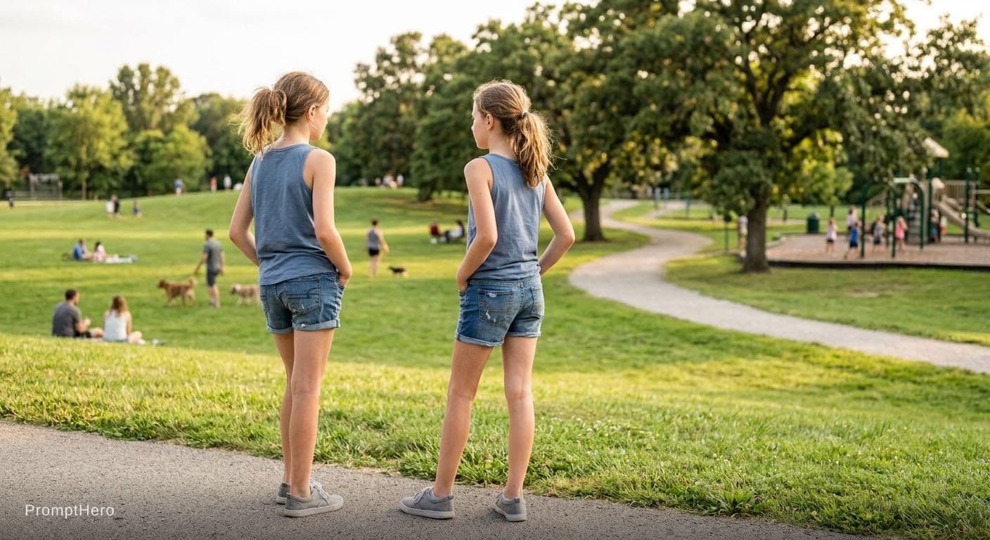 AI generated: a 12 year old girl in a tank top staring out at a park; 