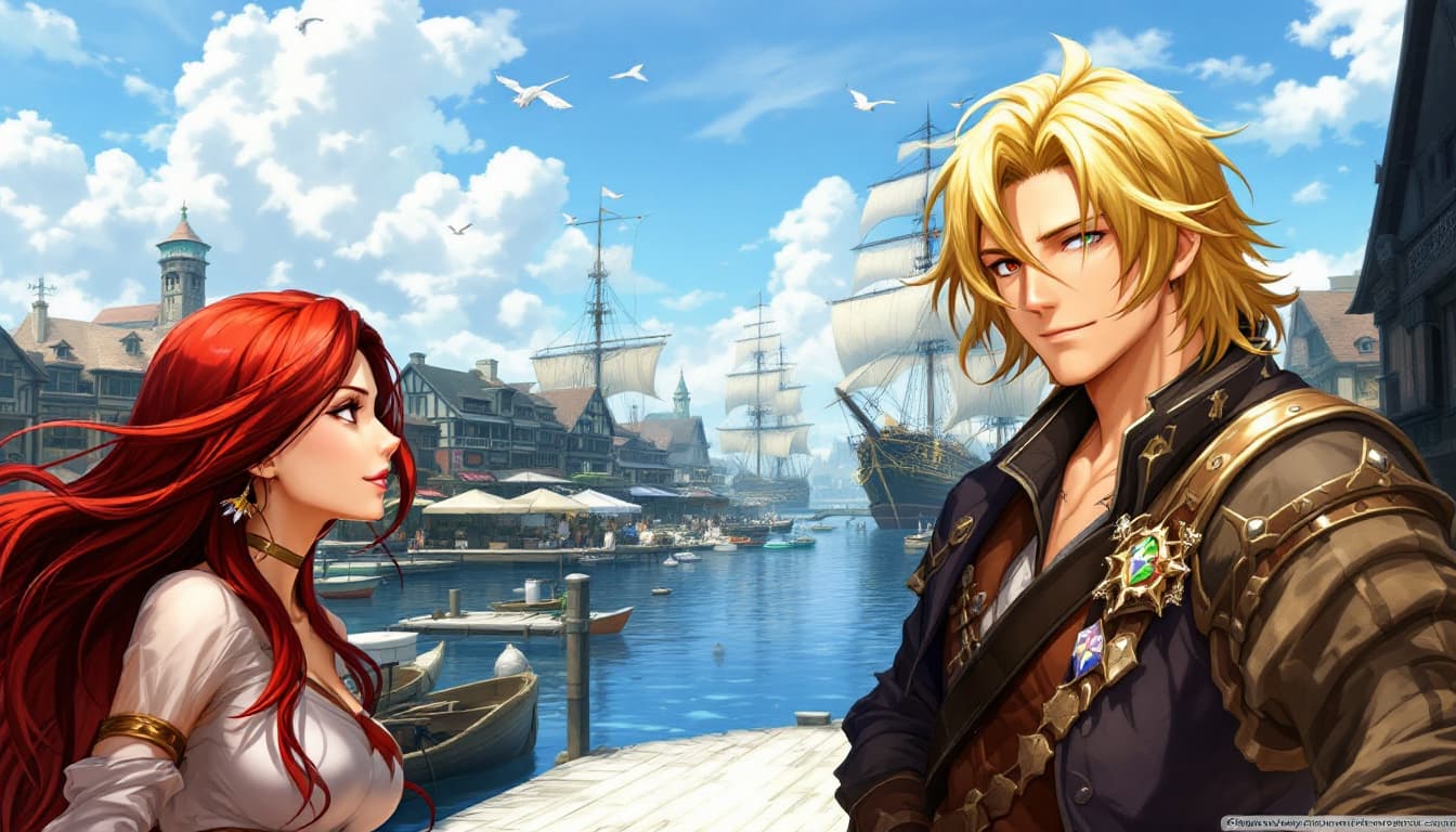 AI generated: a fantasy artwork featuring three characters in the foreground and a detailed background. Foreground...