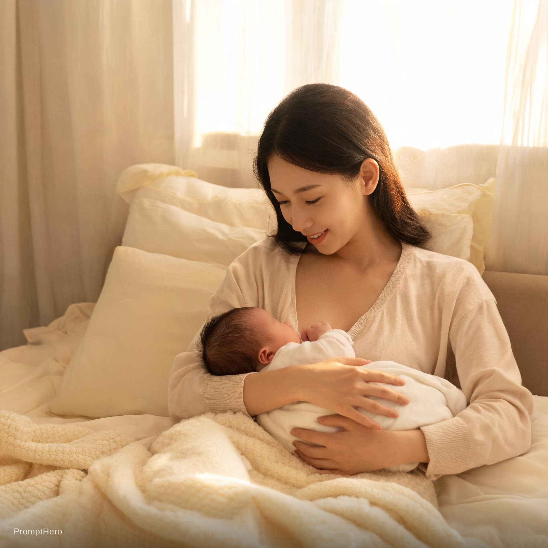 AI generated: A girl breastfeeding to baby