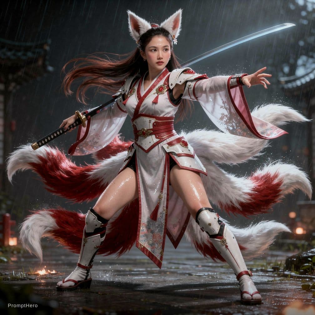 AI generated: Transform this woman as korean nine tailed fox girl, dripping in sweat, slender toned body, stretchi...