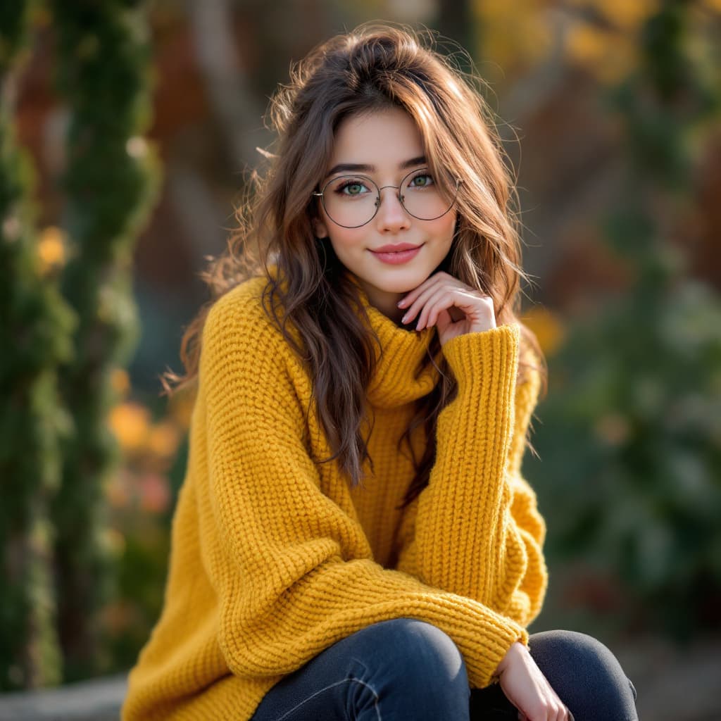 AI generated: a Japanese women,a girl, brown hair with green highlights, brown green eyes, glasses, wearing a must...