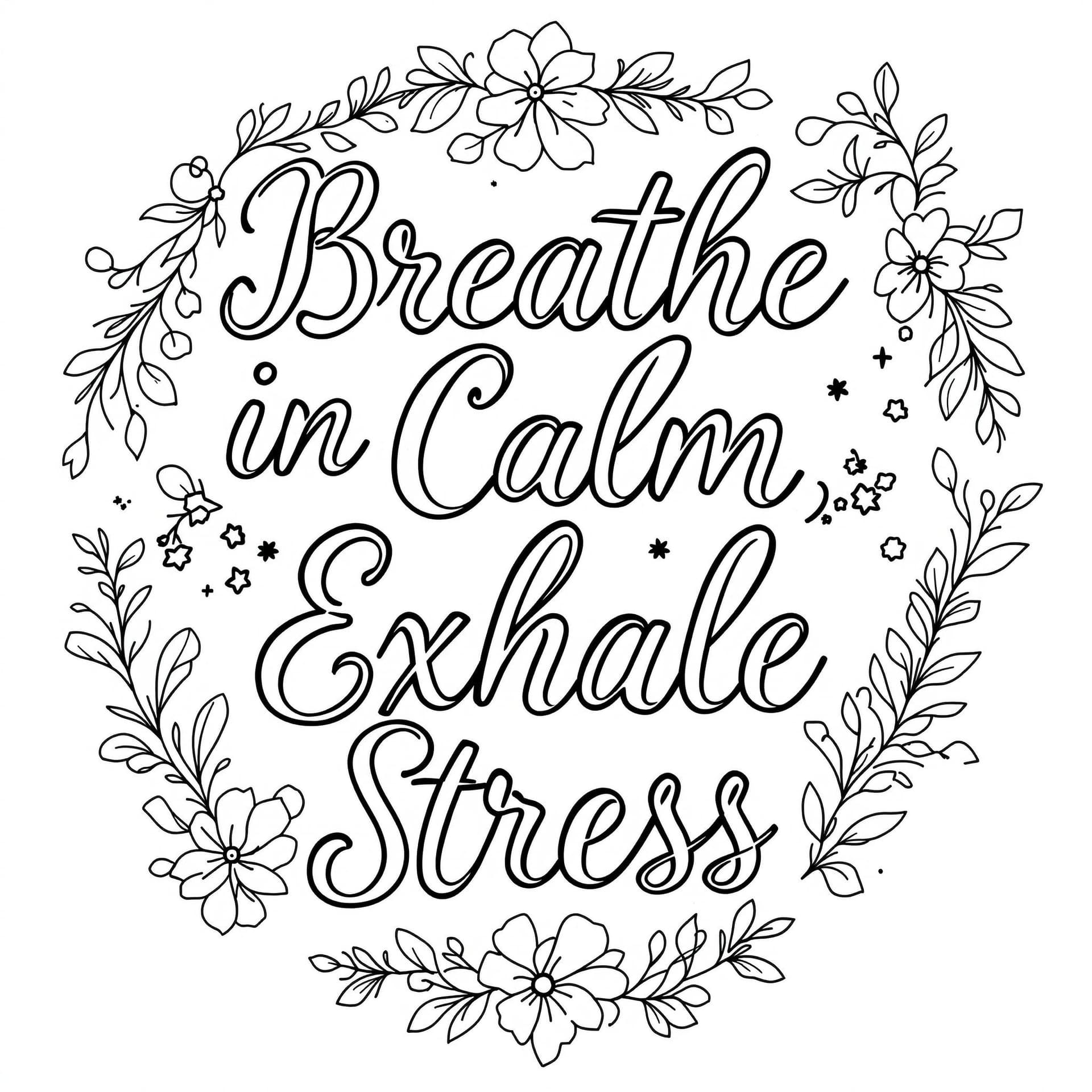 AI generated: Blank, simple illustration "The phrase 'Breathe in Calm, Exhale Stress' in elegant cursive font, sur...